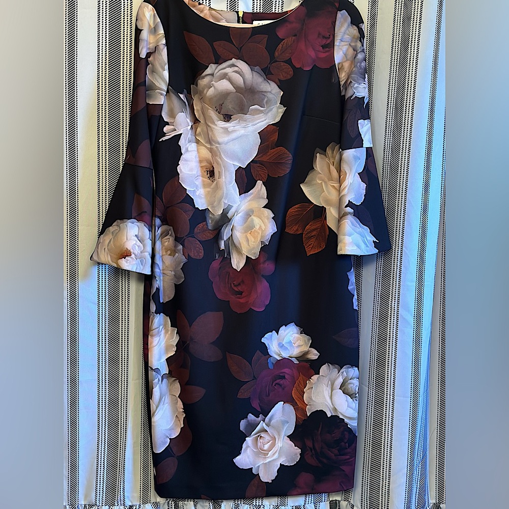 Calvin Klein Floral-Print Bell-Sleeve Sheath Dress Women's Size 10